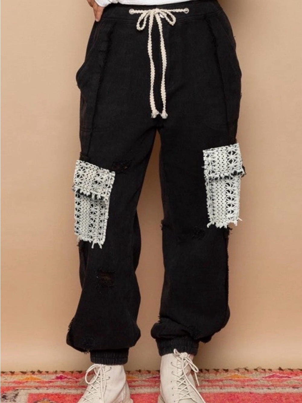 POL Black distressed Drawstring Joggers with Crochet Patch Pockets size Small